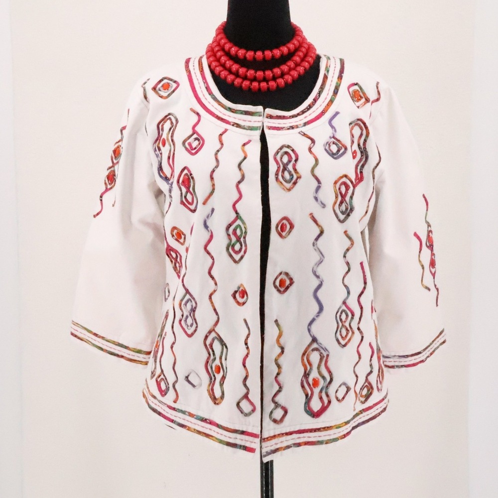 Choices Artsy Boho Jacket Womens Size L White Cotton Denim Art Teacher Eclectic